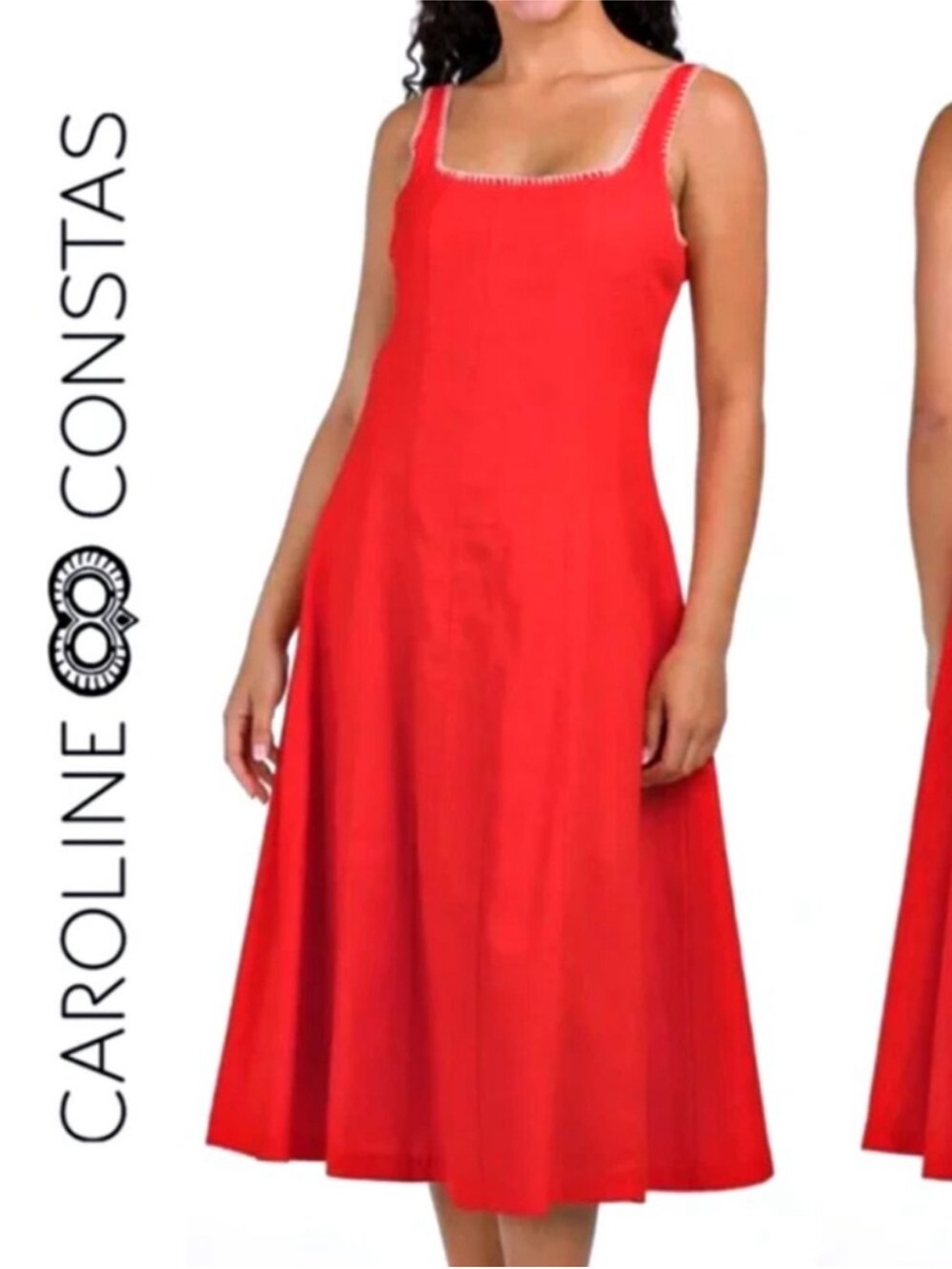 NWT Caroline Constas Red Linen ScoopNeck A-Line Midi Dress Size 6